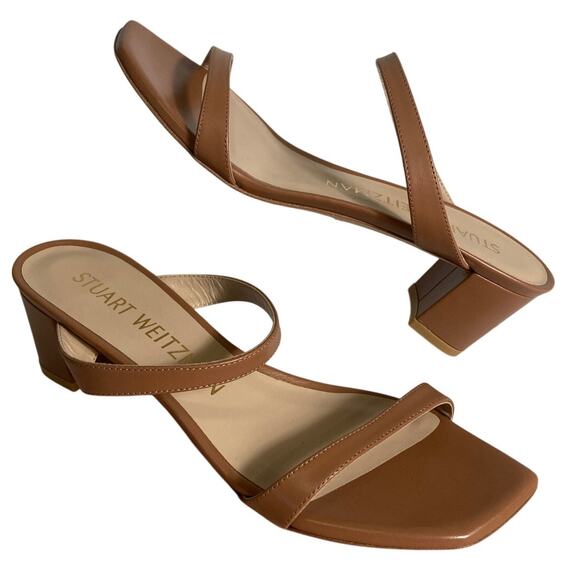 Stuart Weitzman Aleena Brown Leather Block Heel Sandals Size 9B - Picture 1 of 5
